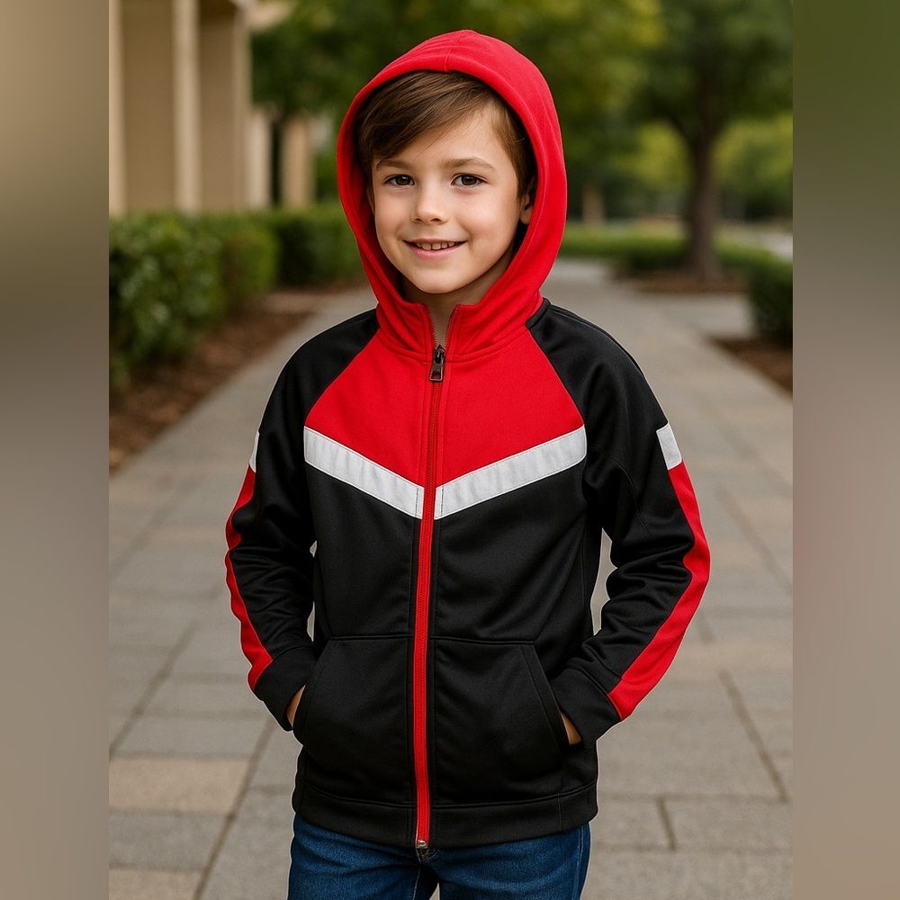 Athletic Works Hoodie Size 8 Medium Boys Red Black Zip Up Jacket Activewear